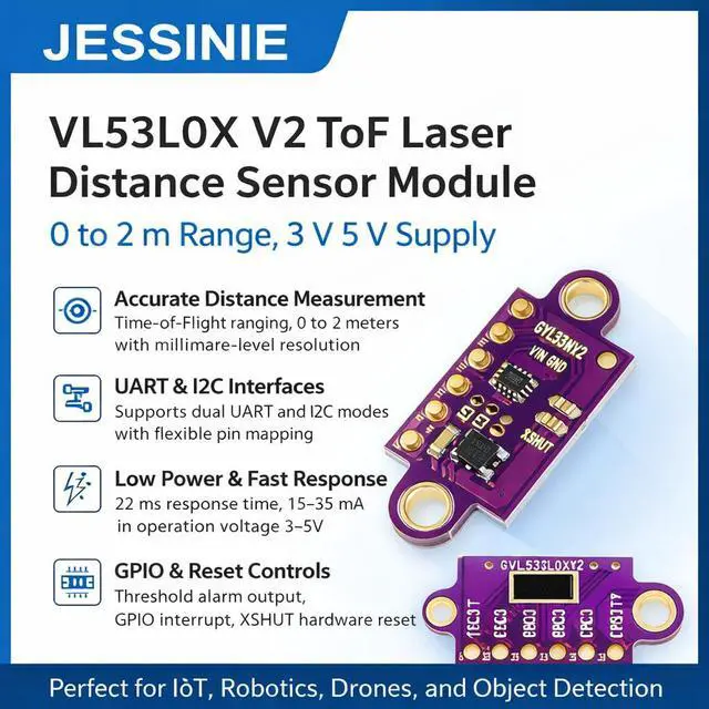 Alt view image 5 of 7 - VL53L0X V2 ToF Laser Distance Sensor Module, 0 to 2 m Range, 3 V 5 V Supply
