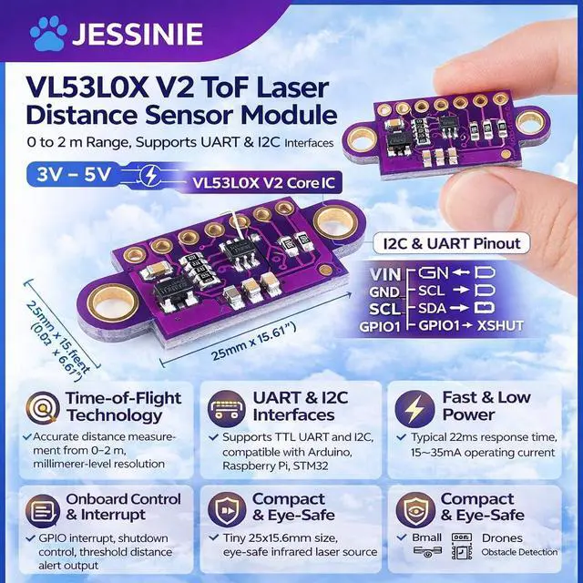 Alt view image 7 of 7 - VL53L0X V2 ToF Laser Distance Sensor Module, 0 to 2 m Range, 3 V 5 V Supply