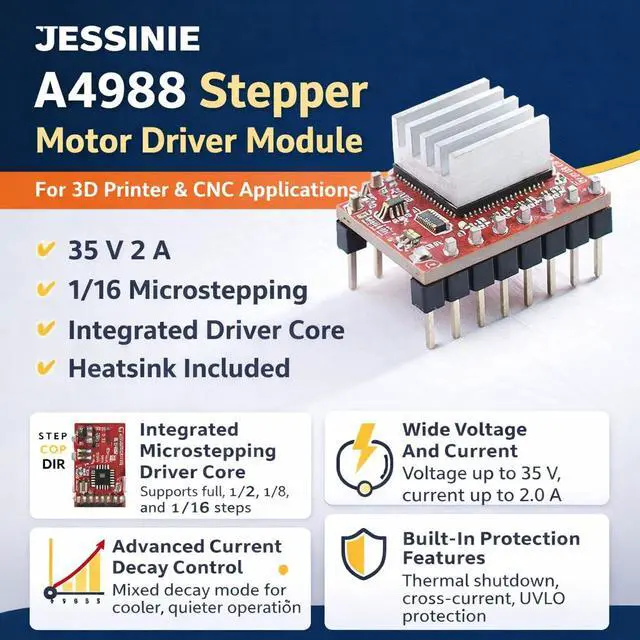 Alt view image 3 of 6 - 5pcs A4988 Stepper Motor Driver Module, 35 V 2 A, 1/16 Microstepping, with Heatsink