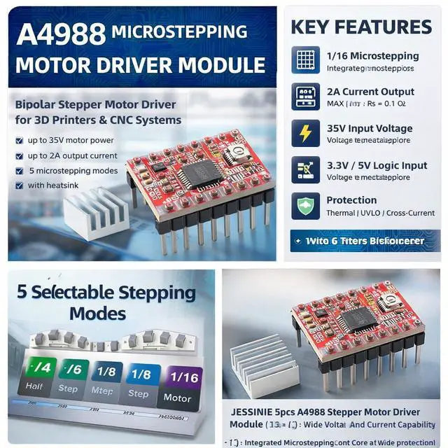 Alt view image 2 of 6 - 5pcs A4988 Stepper Motor Driver Module, 35 V 2 A, 1/16 Microstepping, with Heatsink