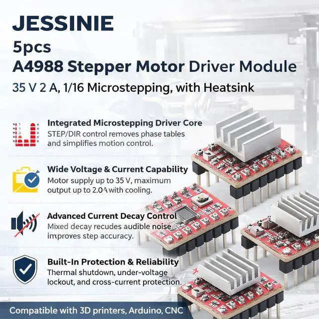 Alt view image 5 of 6 - 5pcs A4988 Stepper Motor Driver Module, 35 V 2 A, 1/16 Microstepping, with Heatsink