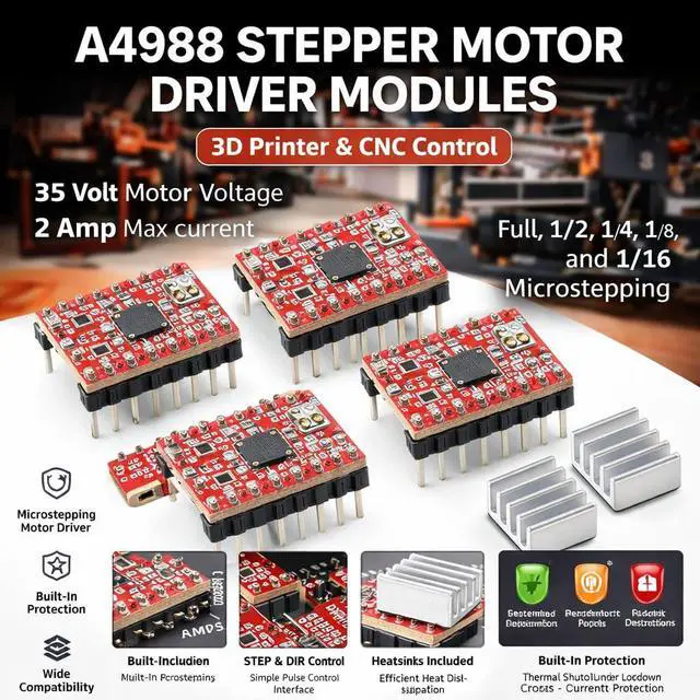 Alt view image 6 of 6 - 5pcs A4988 Stepper Motor Driver Module, 35 V 2 A, 1/16 Microstepping, with Heatsink