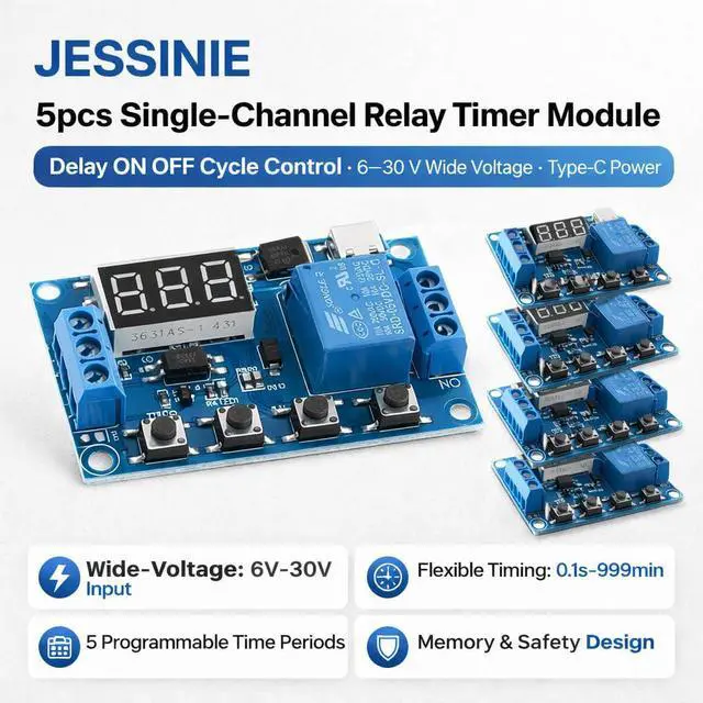 Alt view image 2 of 6 - 5pcs SingleChannel Relay Timer Module, Delay ON Off Cycle Control, 630 V Wide Voltage, TypeC Power