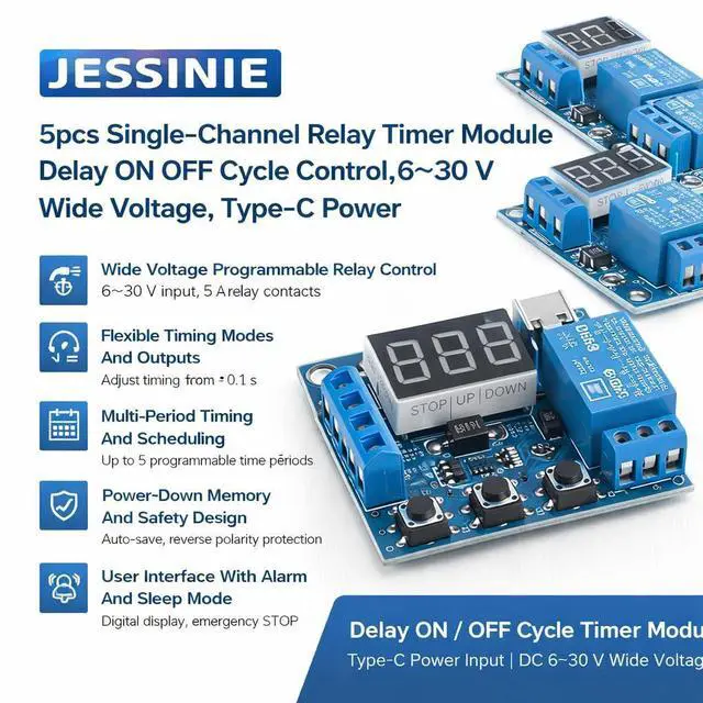 Alt view image 3 of 6 - 5pcs SingleChannel Relay Timer Module, Delay ON Off Cycle Control, 630 V Wide Voltage, TypeC Power