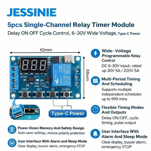 Alt view image 4 of 6 - 5pcs SingleChannel Relay Timer Module, Delay ON Off Cycle Control, 630 V Wide Voltage, TypeC Power