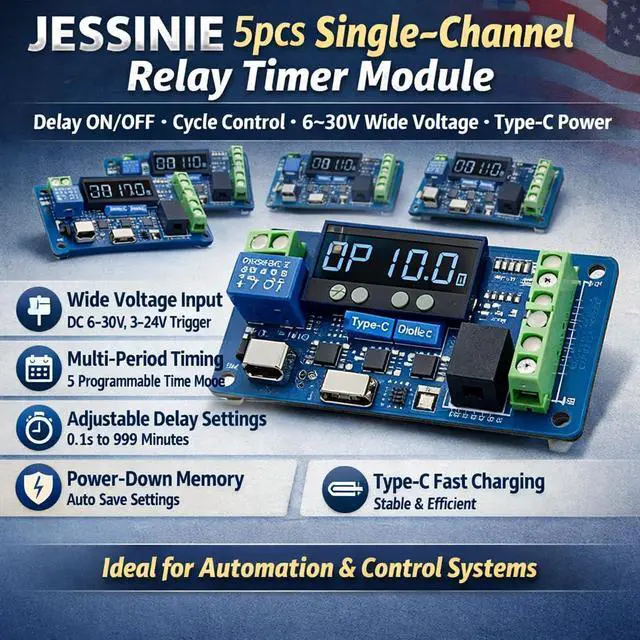 Alt view image 5 of 6 - 5pcs SingleChannel Relay Timer Module, Delay ON Off Cycle Control, 630 V Wide Voltage, TypeC Power