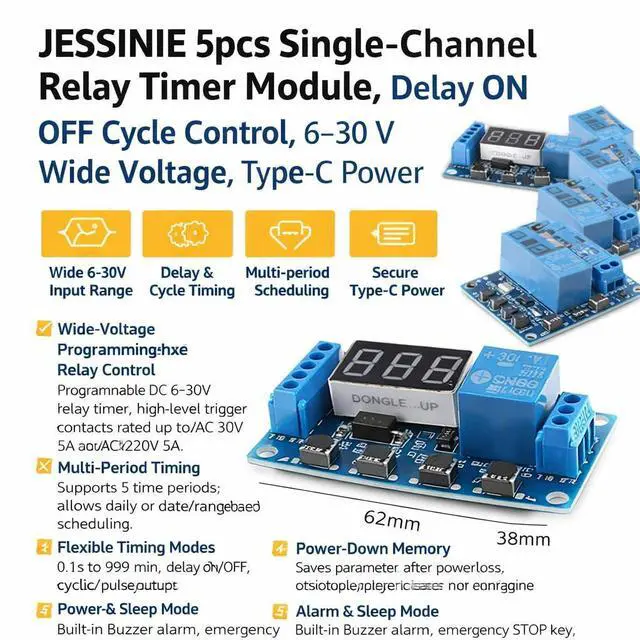 Alt view image 6 of 6 - 5pcs SingleChannel Relay Timer Module, Delay ON Off Cycle Control, 630 V Wide Voltage, TypeC Power