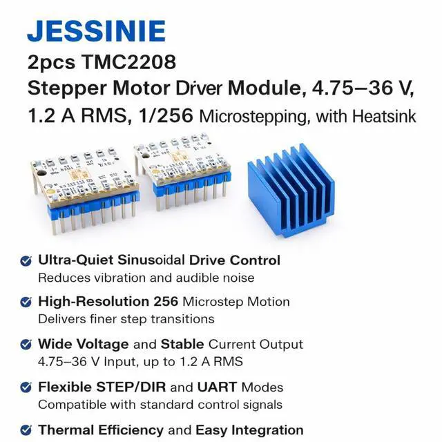 Alt view image 2 of 6 - 2pcs TMC2208 Stepper Motor Driver Module, 4.7536 V, 1.2 A RMS, 1/256 Microstepping, with Heatsink