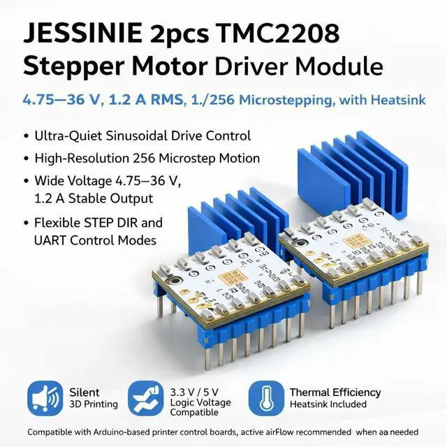 Alt view image 4 of 6 - 2pcs TMC2208 Stepper Motor Driver Module, 4.7536 V, 1.2 A RMS, 1/256 Microstepping, with Heatsink