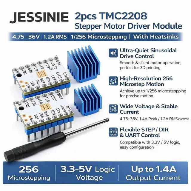 Alt view image 3 of 6 - 2pcs TMC2208 Stepper Motor Driver Module, 4.7536 V, 1.2 A RMS, 1/256 Microstepping, with Heatsink