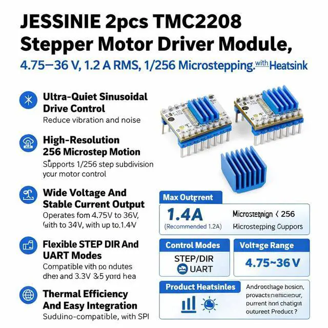 Alt view image 5 of 6 - 2pcs TMC2208 Stepper Motor Driver Module, 4.7536 V, 1.2 A RMS, 1/256 Microstepping, with Heatsink