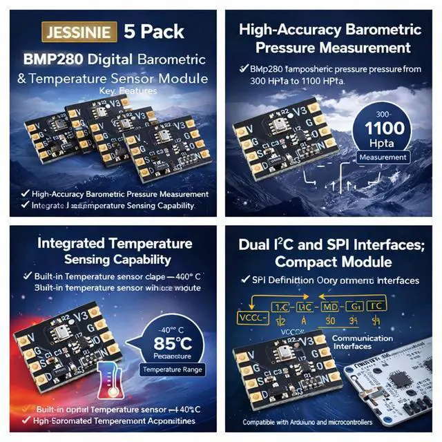 Alt view image 2 of 6 - 5pcs BMP280 Digital Barometric Pressure and Temperature Sensor Module, 1.713.6 V, I2C SPI Interface
