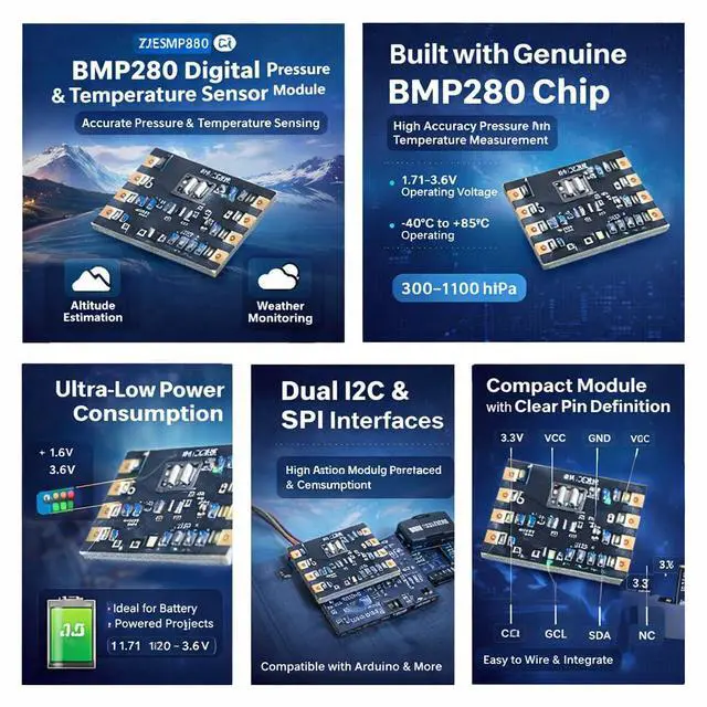 Alt view image 4 of 6 - 5pcs BMP280 Digital Barometric Pressure and Temperature Sensor Module, 1.713.6 V, I2C SPI Interface