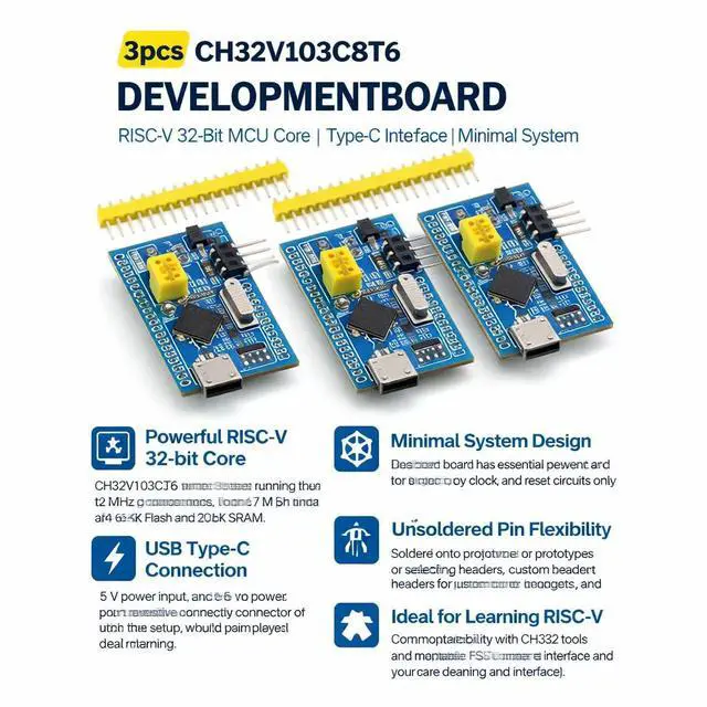 Alt view image 6 of 6 - 3pcs CH32V103C8T6 Development Board, RISCV 32Bit MCU Core, TypeC Interface, Minimal System