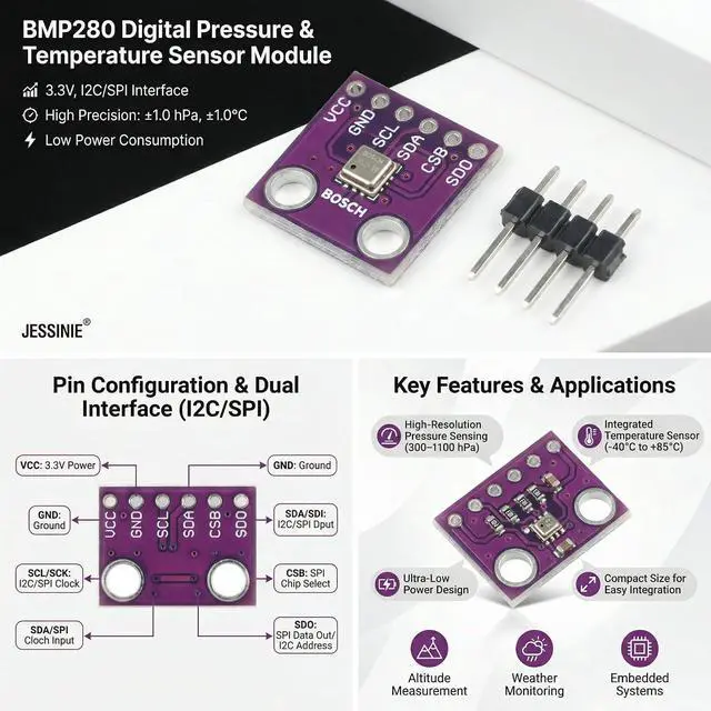 Alt view image 2 of 6 - 10pcs BMP280 Digital Barometric Pressure and Temperature Sensor Module, 3.3 V, I2C SPI Interface