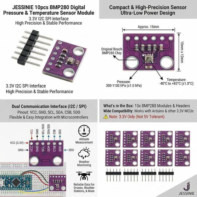 Alt view image 3 of 6 - 10pcs BMP280 Digital Barometric Pressure and Temperature Sensor Module, 3.3 V, I2C SPI Interface