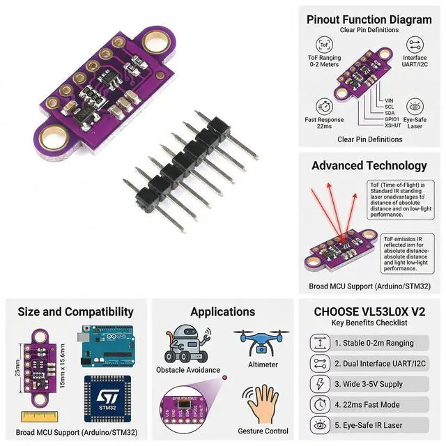 Alt view image 2 of 7 - VL53L0X V2 ToF Laser Distance Sensor Module, 0 to 2 m Range, 3 V 5 V Supply