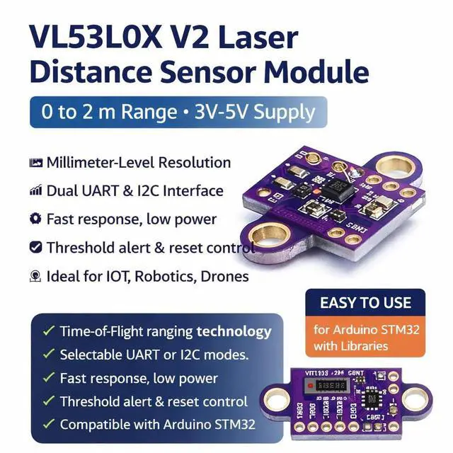 Alt view image 6 of 7 - VL53L0X V2 ToF Laser Distance Sensor Module, 0 to 2 m Range, 3 V 5 V Supply