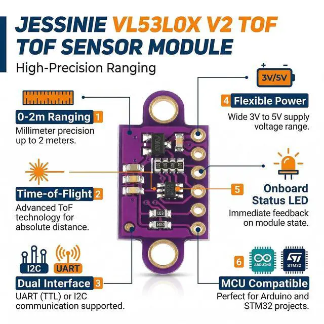 Alt view image 3 of 7 - VL53L0X V2 ToF Laser Distance Sensor Module, 0 to 2 m Range, 3 V 5 V Supply