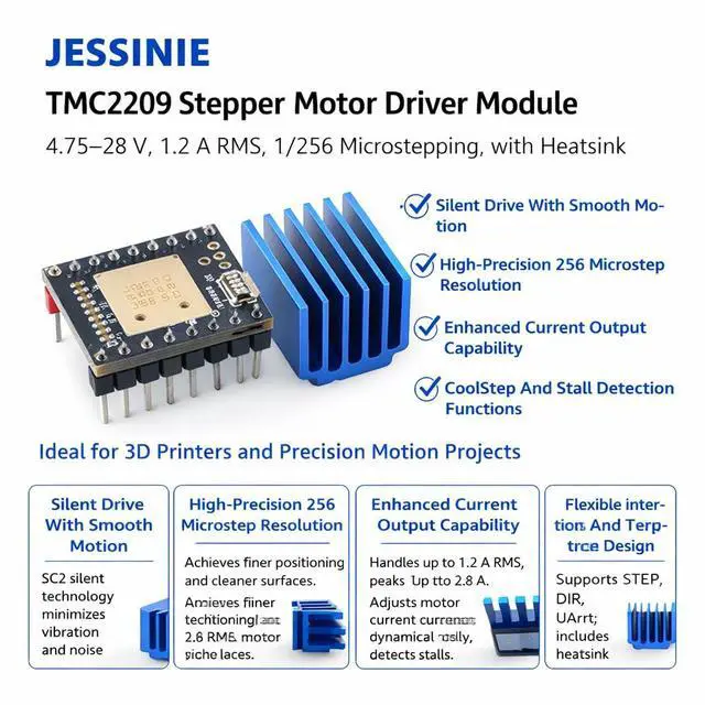Alt view image 2 of 6 - TMC2209 Stepper Motor Driver Module, 4.7528 V, 1.2 A RMS, 1/256 Microstepping, with Heatsink