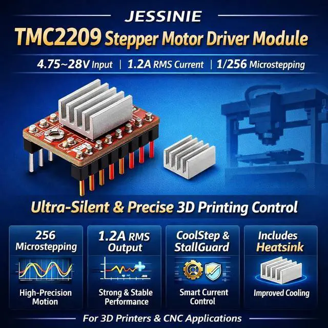 Alt view image 3 of 6 - TMC2209 Stepper Motor Driver Module, 4.7528 V, 1.2 A RMS, 1/256 Microstepping, with Heatsink