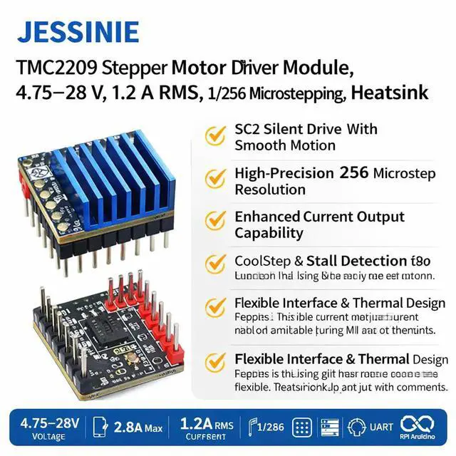 Alt view image 4 of 6 - TMC2209 Stepper Motor Driver Module, 4.7528 V, 1.2 A RMS, 1/256 Microstepping, with Heatsink