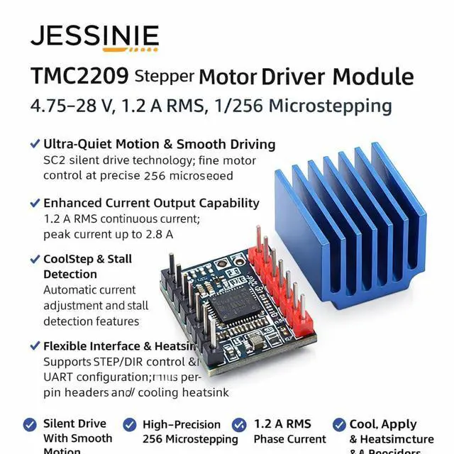 Alt view image 5 of 6 - TMC2209 Stepper Motor Driver Module, 4.7528 V, 1.2 A RMS, 1/256 Microstepping, with Heatsink