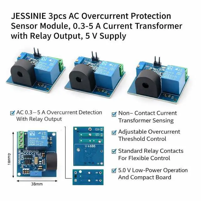 Alt view image 2 of 6 - 3pcs AC Overcurrent Protection Sensor Module, 0.35 A Current Transformer with Relay Output, 5 V Supply