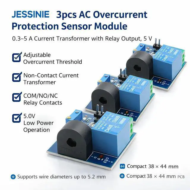 Alt view image 3 of 6 - 3pcs AC Overcurrent Protection Sensor Module, 0.35 A Current Transformer with Relay Output, 5 V Supply