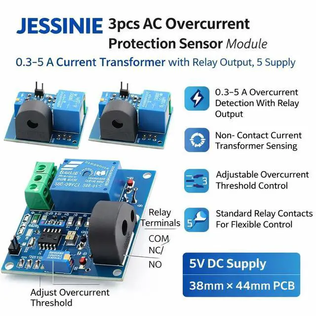 Alt view image 4 of 6 - 3pcs AC Overcurrent Protection Sensor Module, 0.35 A Current Transformer with Relay Output, 5 V Supply