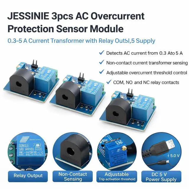 Alt view image 5 of 6 - 3pcs AC Overcurrent Protection Sensor Module, 0.35 A Current Transformer with Relay Output, 5 V Supply
