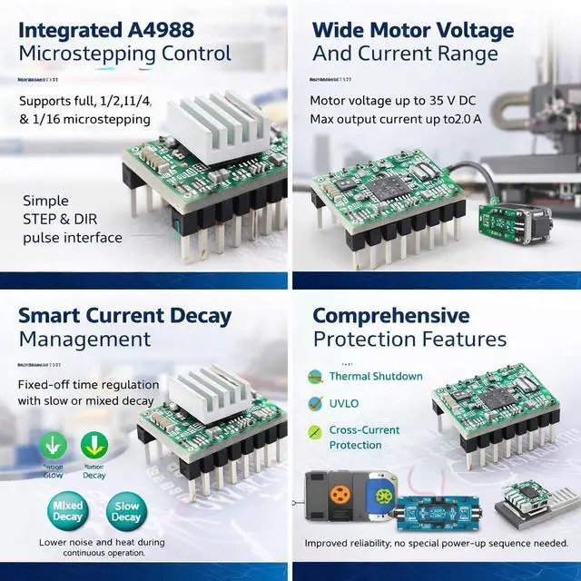 Alt view image 2 of 6 - 5pcs A4988 Stepper Motor Driver Module, 35 V 2 A Output, 1/16 Microstepping, with Heatsink