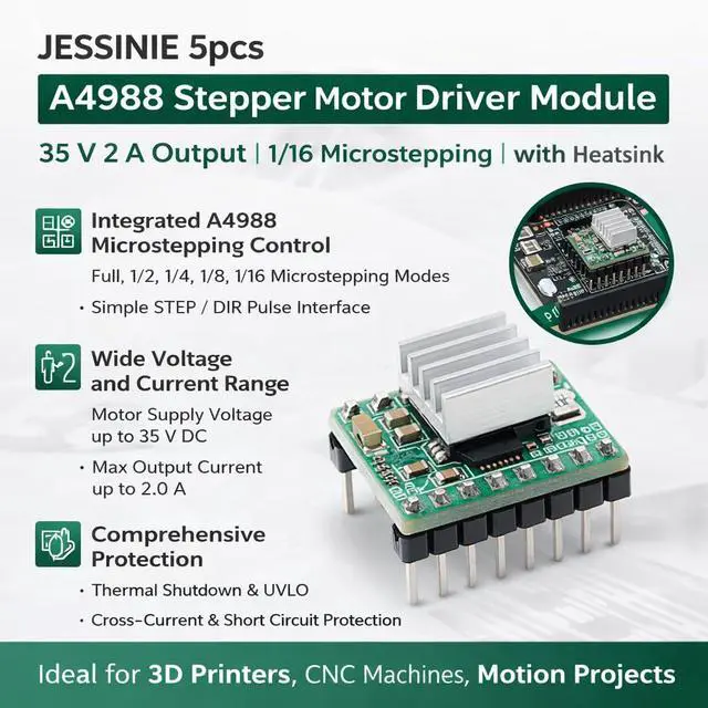 Alt view image 3 of 6 - 5pcs A4988 Stepper Motor Driver Module, 35 V 2 A Output, 1/16 Microstepping, with Heatsink