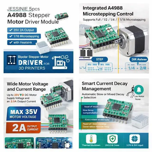 Alt view image 4 of 6 - 5pcs A4988 Stepper Motor Driver Module, 35 V 2 A Output, 1/16 Microstepping, with Heatsink