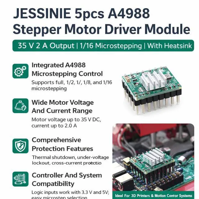 Alt view image 6 of 6 - 5pcs A4988 Stepper Motor Driver Module, 35 V 2 A Output, 1/16 Microstepping, with Heatsink