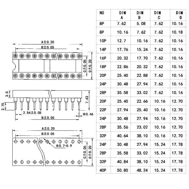 Alt view image 7 of 7 - 8Pcs IC Socket 28P DIP 28 in Narrow IC Chip Socket Adaptor 2.54mm Pitch Dual Row 28 Flat Pin 7.26mm Row Pitch