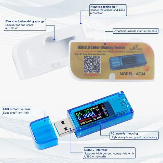 Alt view image 7 of 7 - AT34 Battery Tester USB 3.0 Voltage Tester IPS Color Display 3.7-30V Voltage Meter 0-4A AMP Meter Multifunctional Multimeter Support Charging Power Test for Multiple Devices with Shell