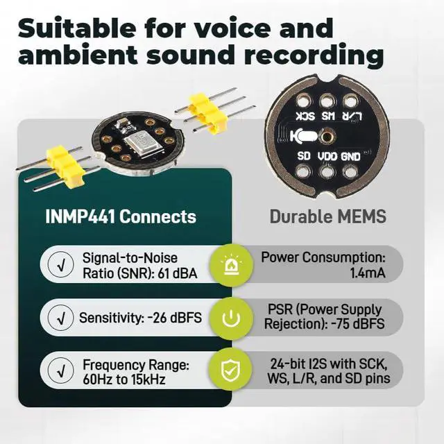 Alt view image 4 of 6 - INMP441 MEMS Omnidirectional Microphone Module - I2S Digital Interface, 24-Bit High Precision, Low Power Consumption, Compatible with ESP32 (3 PCS)