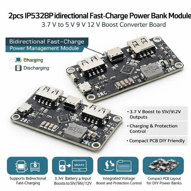 Alt view image 3 of 6 - 2pcs IP5328P Bidirectional FastCharge Power Bank Module, 3.7 V to 5 V 9 V 12 V Boost Converter Board