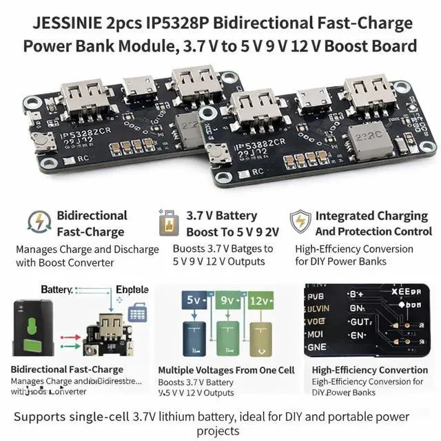 Alt view image 4 of 6 - 2pcs IP5328P Bidirectional FastCharge Power Bank Module, 3.7 V to 5 V 9 V 12 V Boost Converter Board