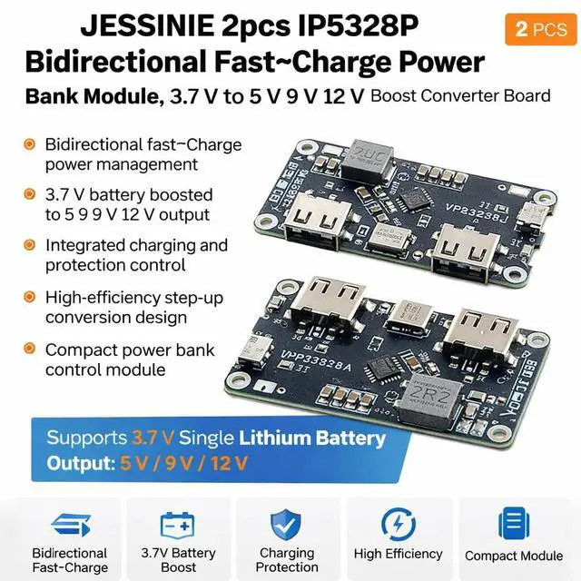 Alt view image 5 of 6 - 2pcs IP5328P Bidirectional FastCharge Power Bank Module, 3.7 V to 5 V 9 V 12 V Boost Converter Board
