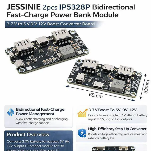 Alt view image 6 of 6 - 2pcs IP5328P Bidirectional FastCharge Power Bank Module, 3.7 V to 5 V 9 V 12 V Boost Converter Board