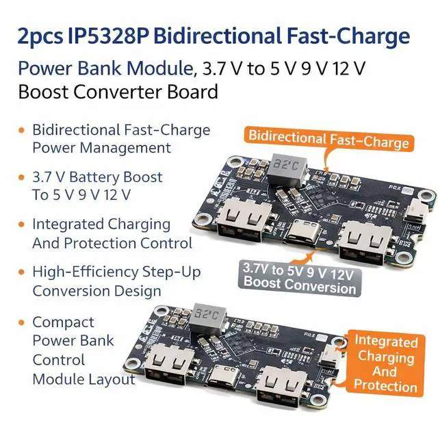Alt view image 2 of 6 - 2pcs IP5328P Bidirectional FastCharge Power Bank Module, 3.7 V to 5 V 9 V 12 V Boost Converter Board
