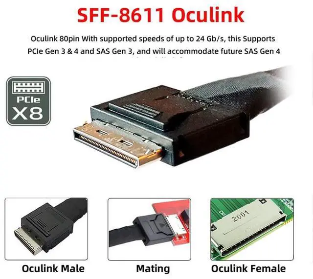 Alt view image 7 of 7 - xiwai OCuLink PCIe PCI-Express SFF-8611 8X 8-Lane to Dual SFF-8639 U.2 4X SSD Data Active Cable 50cm
