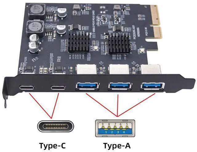 Alt view image 2 of 7 - xiwai Superspeed 10Gbps PCIE USB Card PCI-E Express to Three Ports Type-A USB3.0 Back Panel Socket & Dual USB3.1 USB-C Type-C Expansion Adapter ASM3142 VL822