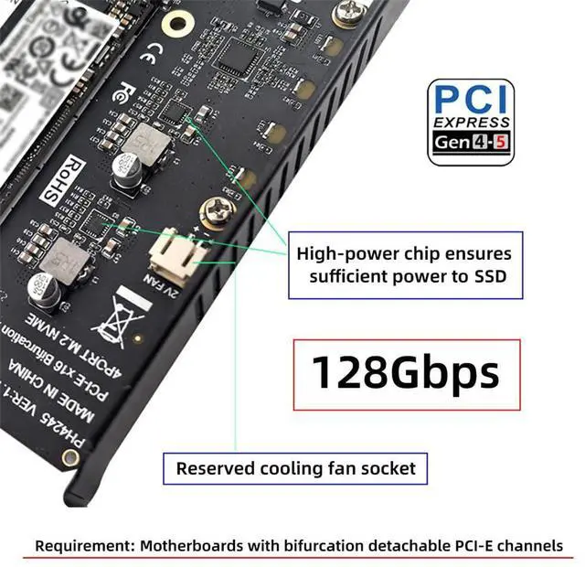 Alt view image 2 of 7 - xiwai NGFF 4X NVME M-Key M.2 SSD to PCIE Express 5.0 Gen5 Gen4 X16 Raid Card Detachable Bifurcation VROC Raid0 Hyper Adapter