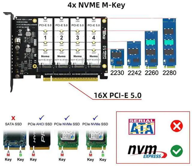 Alt view image 3 of 7 - xiwai NGFF 4X NVME M-Key M.2 SSD to PCIE Express 5.0 Gen5 Gen4 X16 Raid Card Detachable Bifurcation VROC Raid0 Hyper Adapter