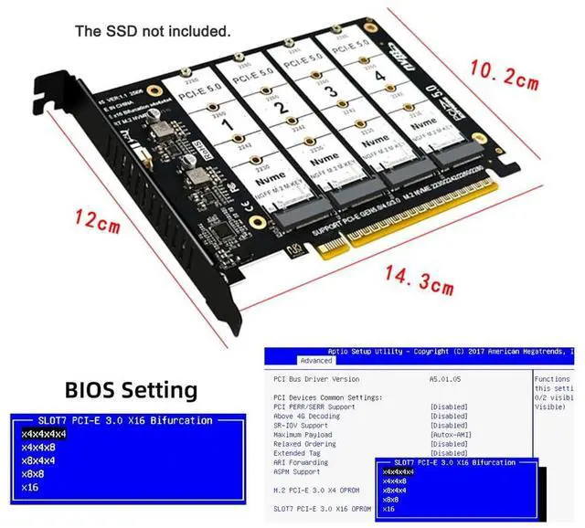 Alt view image 7 of 7 - xiwai NGFF 4X NVME M-Key M.2 SSD to PCIE Express 5.0 Gen5 Gen4 X16 Raid Card Detachable Bifurcation VROC Raid0 Hyper Adapter