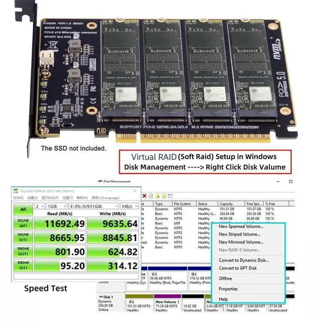 Alt view image 6 of 7 - xiwai NGFF 4X NVME M-Key M.2 SSD to PCIE Express 5.0 Gen5 Gen4 X16 Raid Card Detachable Bifurcation VROC Raid0 Hyper Adapter