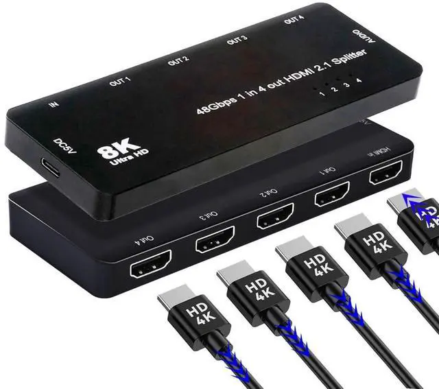 Alt view image 7 of 7 - Xiwai HDMI Splitter 1-IN-4-OUT 8K 60hz Ultra-HD Converter Box Compatible 2.1 Switch 48Gbps UHD Hub Support Mirror HDCP SST Extended 4K@120hz 3.5mm Audio